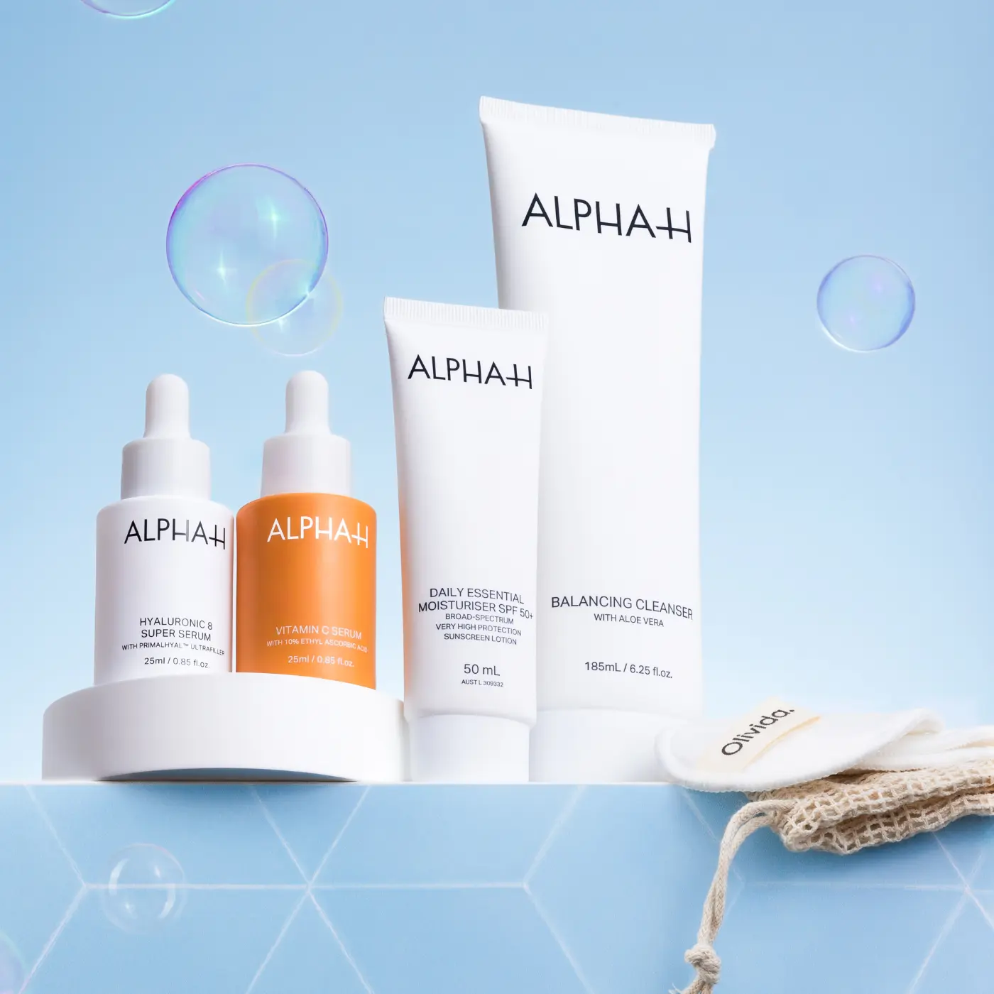 ALPHA-H Morning Ritual Kit Producten Balancing Cleanser Hyaluronic8 Vitamin C SPF50 Olivida Copyright 1