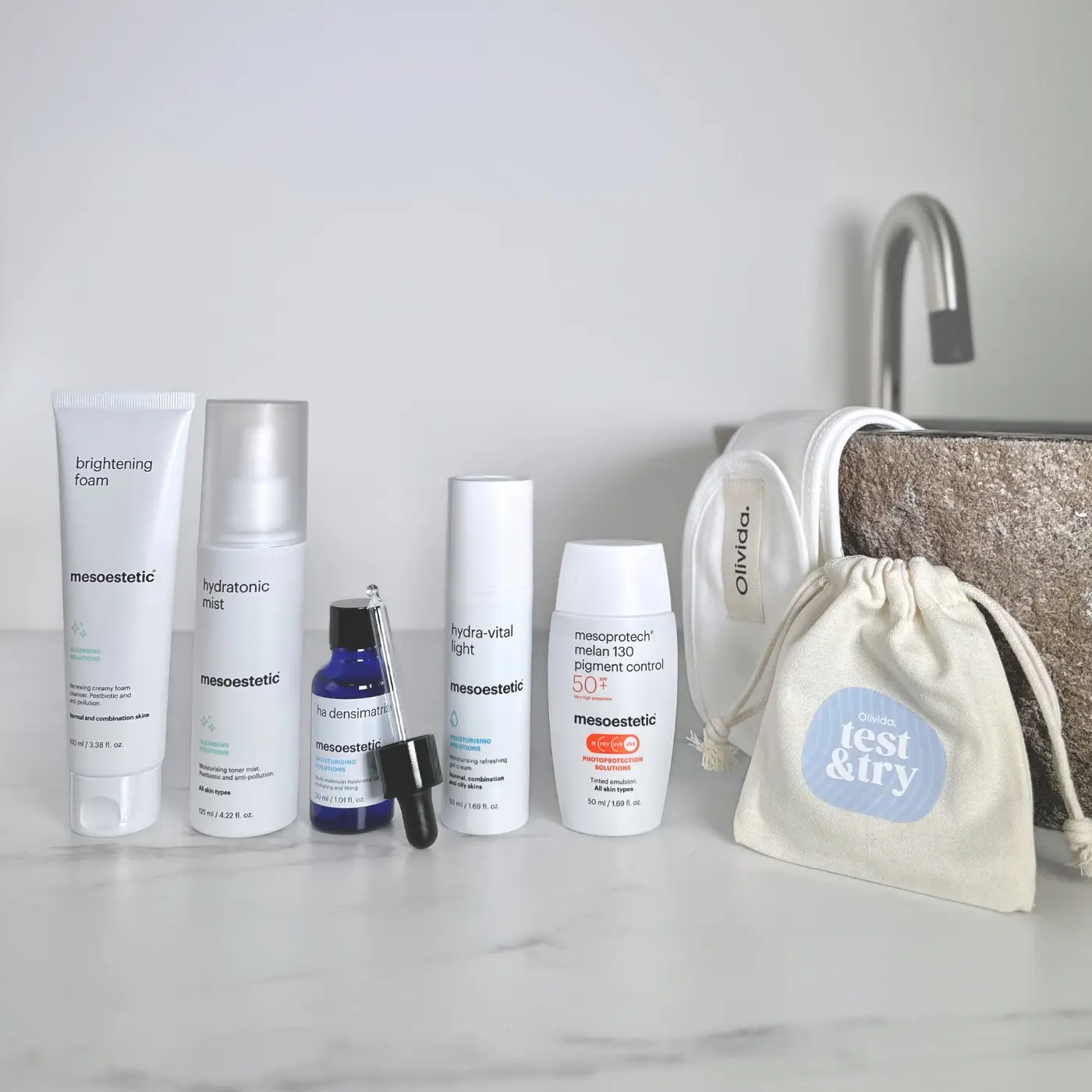 Mesoestetic HydraGlow Protection Bundle Brightening Foam Hydratonic Mist HA-Densimatrix Hydra Vital Light Melan130 SPF50 Olivida Copyright